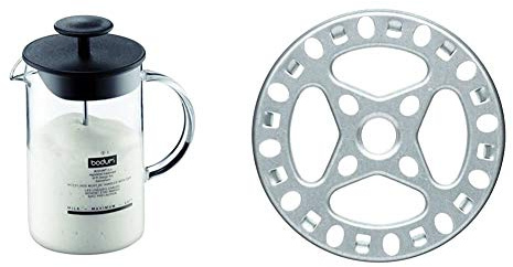 BODUM 1446-01 Latteo Milk Frother, Borosilicate Glass - 0.25 L, Black/Transparent & KitchenCraft Gas Ring Reducer Trivet, Galvanised Iron, 12 cm
