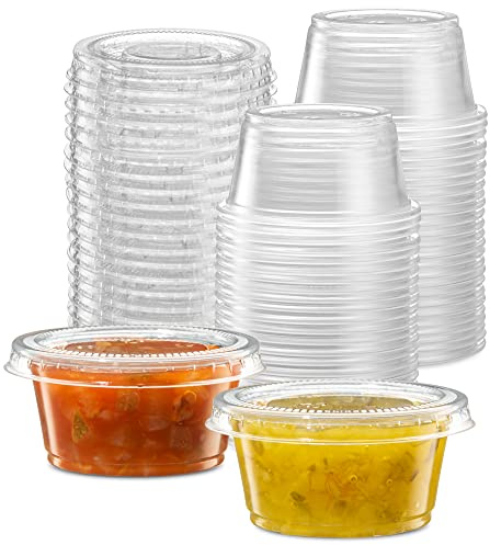 2 oz - 100 Sets Clear Diposable Plastic Portion Cups With Lids, Small Mini Containers For Portion Controll, Jello Shots, Meal Prep, Sauce Cups, Slime, Condiments, Medicine, Dressings, Crafts,