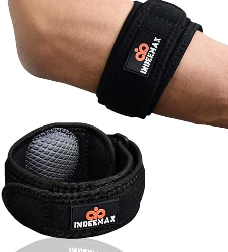 INDEEMAX Ellenbogenbandage, Einstellbare Tennisarm-Bandage für Herren Damen, Ellbogen-Bandage für Epicondylitis Spange, Sehnenentzündung, Unterarm Schmerzen, Golferarm, Sport, Krafts - Schwarz, 1 Pack