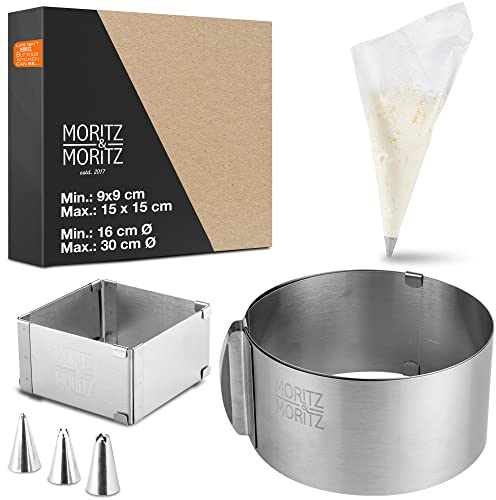 Moritz & Moritz Backrahmen Set Rund & Eckig – Verstellbare Backrahmen 9-15cm und Tortenring Ø 16-30cm aus Edelstahl mit Backzubehör – Mit 10 Spritzbeuteln und 3 Aufsätzen
