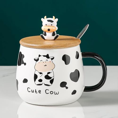 Xfeyaqlo Becher Tasse Kuh kaffeetasse Kuhmotiv Teetasse mit Löffel & Deckel Lustige Cute Geschenk für Freund 400 ml, 1Stk (A)