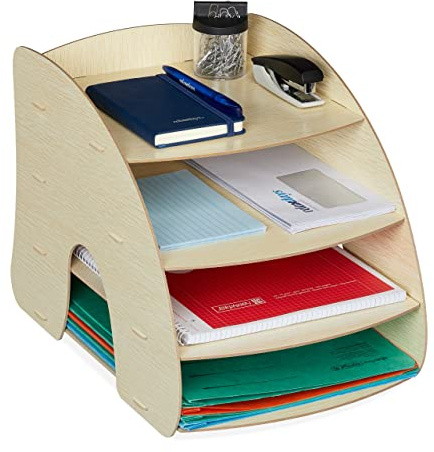 Relaxdays Dokumentenablage, 4 Fächer, Briefablage, Hellbraun | Büro Organizer für A4 Papier, HxBxT: 27 x 25,5 x 34,5 cm