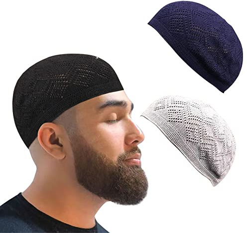 AKONNAS 3Pcs Knitting Turkish Muslim Kufi Hats for Men Solid Color Stretch Crochet Caps Islamic Skull Caps Ramadan Eid Gifts(Black Gray Blue)