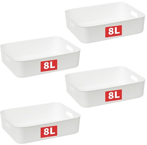 Cetomo 8Lx4 Aufbewahrungskorb, Kunststoff Aufbewahrungskörbe mit Griffen, Stapelbare Organizer Box für Regal, Küchenschrank, Badezimmer, Aufbewahrungsbox ohne Deckel, Weiß, 8L-4er Set (35*27*9cm)