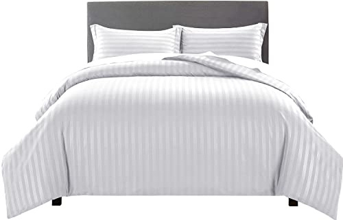 Yorkshire Bedding King Size Duvet Cover Sets Stripes Satin Hotel Quality Bedding Set with Pillowcases Soft Microfiber Duvet Covers (White 230x220 Cm)