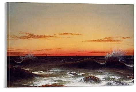 Meereslandschaft – Sonnenuntergang von Martin Johnson Heade Malerkunstwerk Wandkunst Scrollen Leinwand Gemälde Bild Wohnzimmer Dekor Zuhause 30 x 45 cm