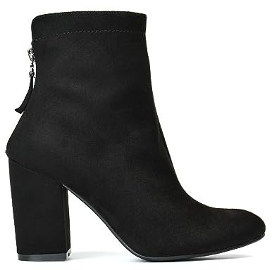 ESSEX GLAM Womens Booties Block Mid High Heel Ladies Black Faux Suede Party Fashion Heeled Ankle Boots Size 6