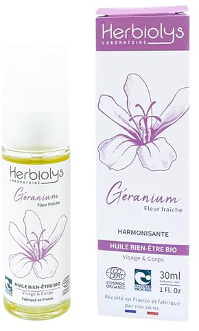 Herbiolys | Huile végétale Bio | Huile Bien-être | Géranium (Harmonisante) | Visage & Corps | 30 ml