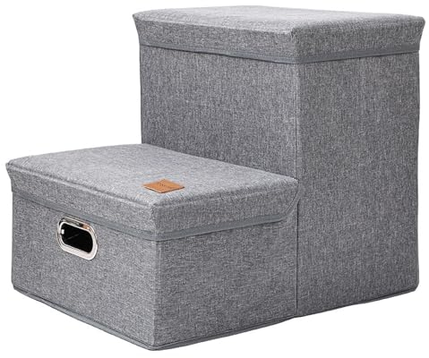 DELURA Hundetreppe, Hundetreppe für Kleine Hunde, Faltbare Haustiertreppe für Kleine Hunde, Welpe, Hund Mit Stauraum für Bett Und Couch, Hält Bis Zu 65 Kg (Grau, 2 Stufen)