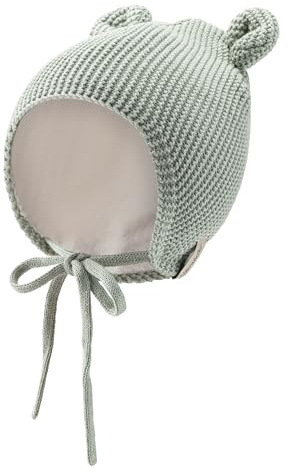 Sterntaler Strickmütze aus Baumwolle (Bio) - GOTS Unisex Baby Strickmütze mit kleinen, angesetzten Öhrchen - Wintermütze mit flauschigem Baumwollfutter, Ohrenklappen und Bindeband - steingrün, 45