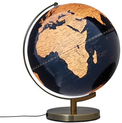 Globus mit 30 cm Durchmesser – STELLAR LIGHT – integrierte Beleuchtung – verchromter Metallfuß, antikes Design – bewegliche Achse – antikgold, dunkelblau – TROIKA Original