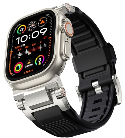 Bandletic Armband Kompatibel mit Apple Watch Ultra 2/Ultra 3/Ultra 49mm | Robustes FKM Stylische Ersatzarmband für iWatch Series 11/10 46mm 9/8/7 45mm SE/6/5/4 44mm 3/2/1 42mm Metallverbinder,Schwarz