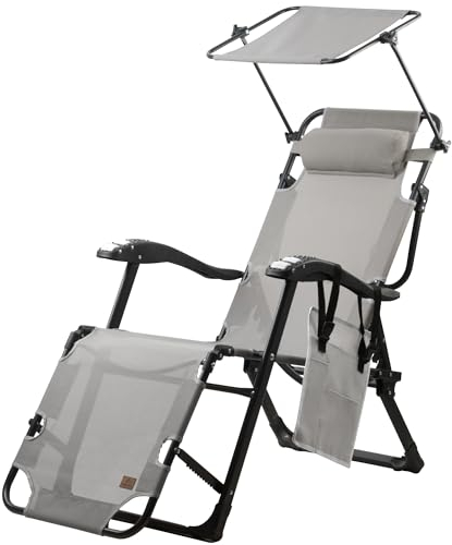 CampFeuer Sonnenliege mit Dach | Grau | Campingliege, Liegestuhl, Relaxliege | Gartenliege mit Sonnendach, Angelliege, Strandliege verstellbar| Klappliege, Terassenliege, Outdoorliege