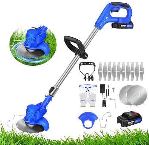 Metal Blade Cordless Garden Strimmer, Electric Grass Trimmers with 1.5Ah Battery, 10 Metal Blades & 2 Circular Saw Blades, Height Adjustable Battery Strimmer for Garden Clearing Weeds Flower Trees
