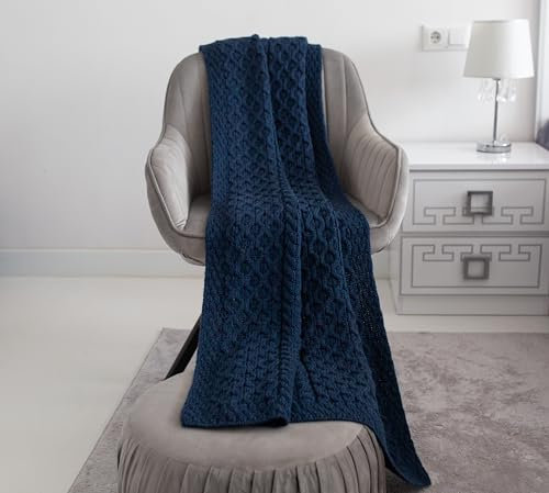 SAOL Irische Aran-Bettdecke, 100 % weiche Merinowolle, 152,4 x 91,4 cm, Ozeanblau