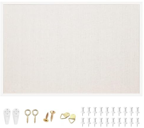 OWLKELA Tablón de anuncios de lino de 60 x 40 cm, tablero de corcho con marco blanco, marco de roble blanco, tablero de corcho de lino, tablero de visión y tablero decorativo para colgar