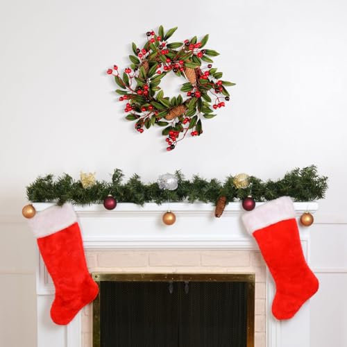ZHDOKA 15,7 Zoll Weihnachtskranz mit Roten Beeren, Künstlicher Beeren-Tannenzapfen-Kranz mit Grünen Blättern und Rattan-Basis, Lebensechter Stechpalmen-Winterbeer-Kranz für die