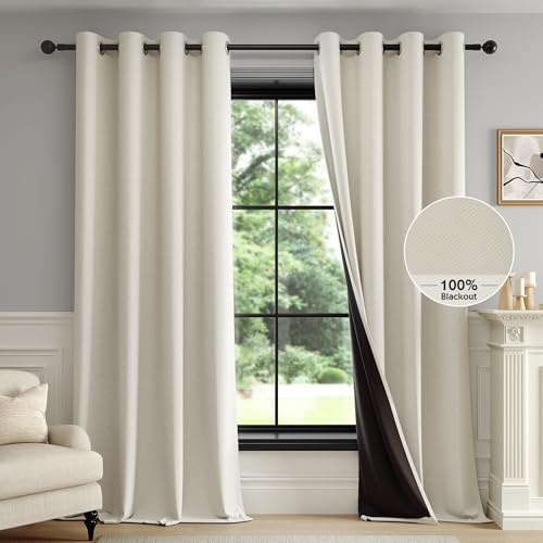 FMFUNCTEX 100% Beige Blackout Curtains for Living Room, Cream Weave Textured Curtains 108 Inches Long Thermal Insulated Curtain for Bedroom, Farmhouse Drapes Grommet Room Darkening 2 Panels