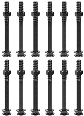 sourcing map Tornillos de cuello cuadrado M12 x 130 mm con tuercas y arandelas, juego de 12 tornillos de cabeza redonda de acero inoxidable 304, color negro