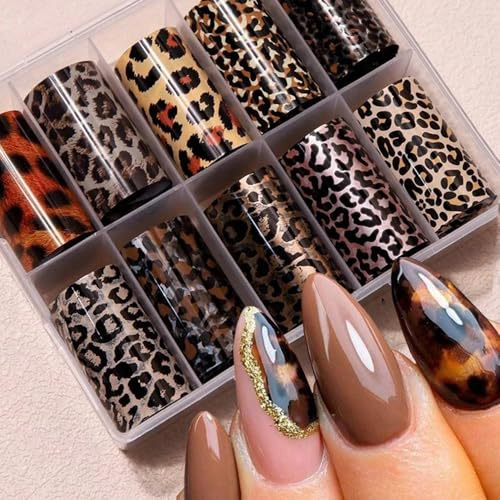 TELAIN Leopardenmuster Nagelfolien Aufkleber 10er Set, Schlangenprint Nail Art Zubehör für Frauen Herbst Maniküre