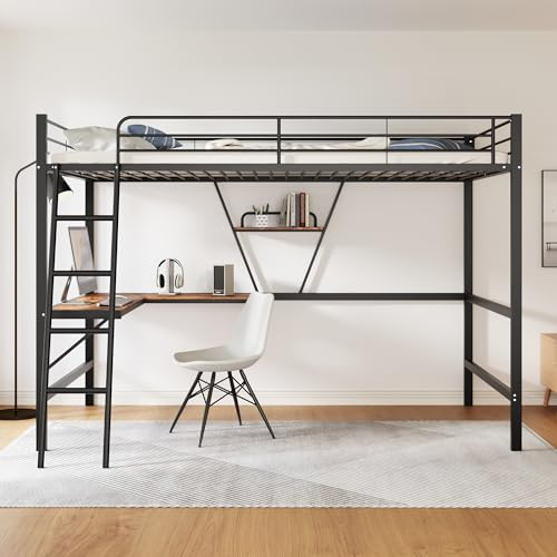 Kebnor 90x200cm Bettgestell Metallbett, Eisenbett, Hochbett mit L-förmigem Schreibtisch und einem Regal für Kinder, Jugendliche und Erwachsene, schwarz