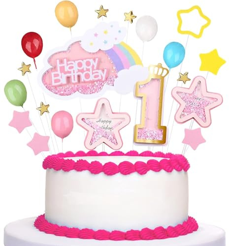 JOYEONDEF 1. Geburtstag Tortendeko Mädchen - Kuchendekoration Kuchendeko Rosa Sterne Cake Topper Regenbogen Tortendeko Pinker Bogen Happy Birthday Torten Topper Für Mädchen Geburtstag Und Babys