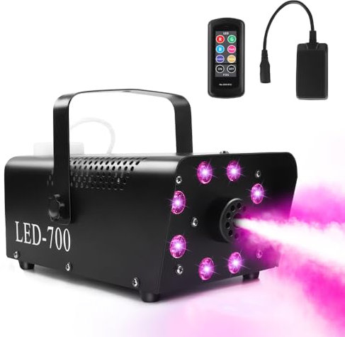 Machine à fumée, Machine à fumée 3 en 1 avec 8 lumières LED, 700 W et 2000 CFM avec télécommandes filaires sans Fil, Parfaite pour Les Mariages intérieurs et extérieurs, Halloween, Les fêtes et Les