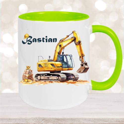 Tasse Wunschname Baustelle Bagger Keramik Kinderbecher versch. Farben Farbe Grün