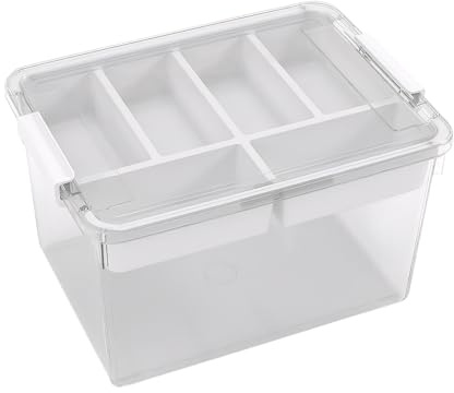 Aufbewahrungsboxen mit Deckel, 16L aus Kunststoff mit Abnehmbarem Tablett, Verschlussclips, Plastik-Box Transparent, für Die Organisation von Werkzeug, Handwerk, Buntstifte, 29.5*18.5*40.5cm