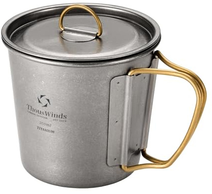 Thous Winds Titan Outdoor Tasse 350ml, Titan Camping Becher mit Deckel & Klappgriffen – Tragbare Becher Leichter Kaffeebecher für Camping, Wandern, Trekking, Kochen, Picknick