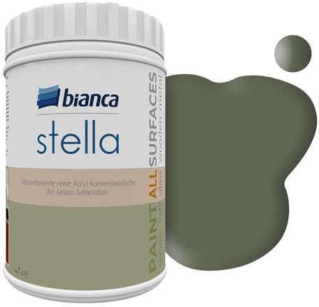 Bianca Stella Universalfarbe Ohne Schleifen - Wasserbasierte Parfümierte Renoiverfarbe für Möbel, Holz, Fliesen, Metall & Kunststoff - Olivgrün, Glänzend, Kratzfest, Hochdeckend, 1000ml