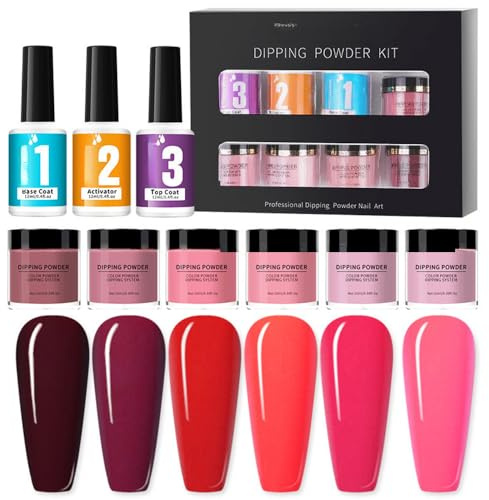 Kit de poudre de trempage à ongles à 6 couleurs avec base, couche de finition et activateur pour manucure française à faire soi-même, pas de lampe UV/LED nécessaire