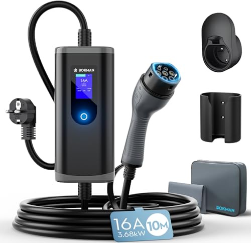 bokman Typ 2 Ladekabel Schuko 3,68kW 10 Meter | 6-16A, 1-phasig, IP65 Wasserdicht, Tragbares EV-Ladegerät für IEC 62196-2 mit Tragetasche & Mikrofaserhandtuch