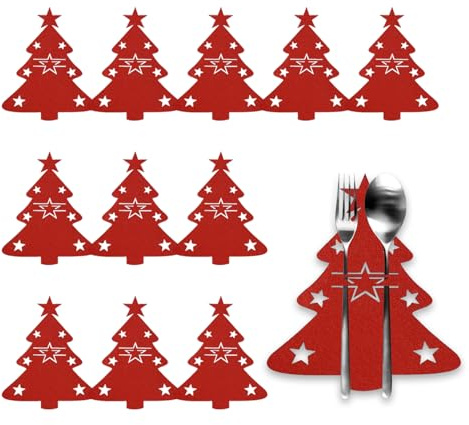12 Pcs Rot Bestecktasche Weihnachten Tischdeko,15x12cm Weihnachtsbaum Besteckhalter Weihnachten Bestecktasche,Tisch Deko weihnachten Set,Besteckhalter Filz für Messer,Gabeln und Löffel,Ideal für Party