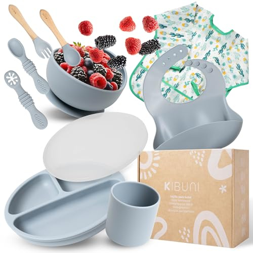 Vajilla bebé de silicona│10 piezas | Libre de BPA, antideslizante y segura│Incluye vaso, cucharas de aprendizaje, platos con ventosa, babero y bata impermeable│Ideal para BLW y regalo bebe