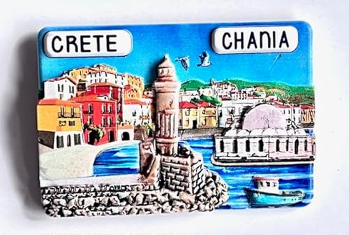 Souvenir Kühlschrankmagnet – Chania Kreta – 3D Handbemalt Dekomagnet mit Leuchtturm Motiv. Souvenir Crete Griechenland