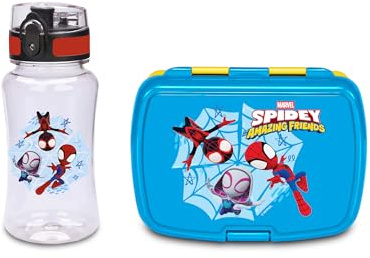 Seven Set Porte-goûter + Gourde Spiderman, séparateur intérieur, Gourde 460 ML hermétique, Facile à Ouvrir, Produit Officiel, idée Cadeau Enfants, école et crèche