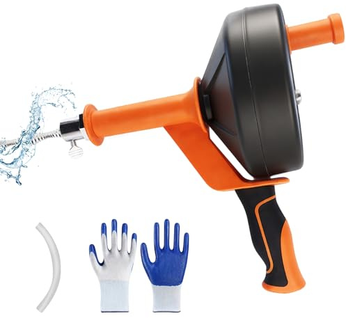Drain Snake Auger 33ft, Plumbing Snake with Drill Attachment & Gloves | Heavy Duty, Manual or Drill Powered, Ergonomic Grip, 1/2 to 3 Inch Pipes, for Sink, Shower, Bathtub Drain