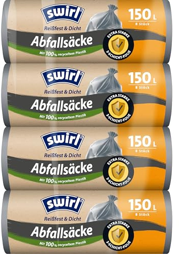 Swirl Abfall-Sack 150L (4x 8 Beutel), Müllsäcke ohne Verschluss, besonders belastbar und reißfest für Abfälle aus Haus und Garten
