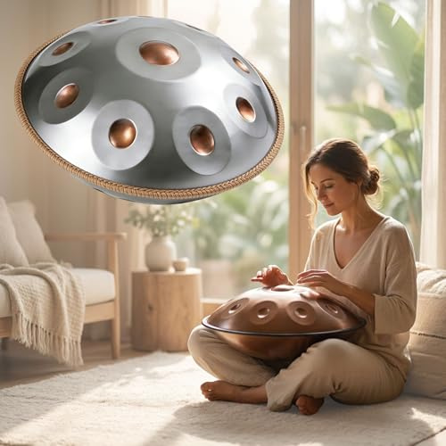 Handpan Percussion für Sanfte Klänge Handpan Instrument aus Stahl in D Moll 22 Zoll 9 10 12 Töne 432Hz 440Hz für Yoga Meditation Ruhe Entspannung Erwachsene Anfänger(Silver2,440HZ/12 Note)