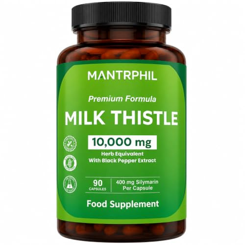 Milk Thistle High Strength 10000mg | 400mg Silymarin per Capsule | 90-Day Supply | with Black Pepper | Vegan Herbal Food Supplement | Lab Tested