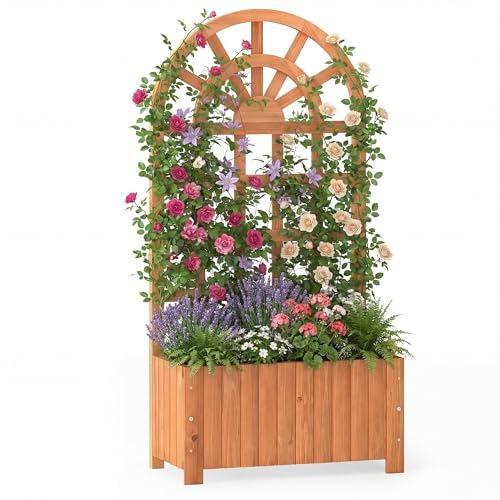 HOMASIS Pflanzkübel mit Rankgitter, Blumenkasten mit Spalier, Pflanzkasten aus Massivholz, Hochbeet Pflanzgefäß Rankkasten Gartenspalier Rankhilfe für Balkon Garten Terrasse (Orange, 61x30x121cm)