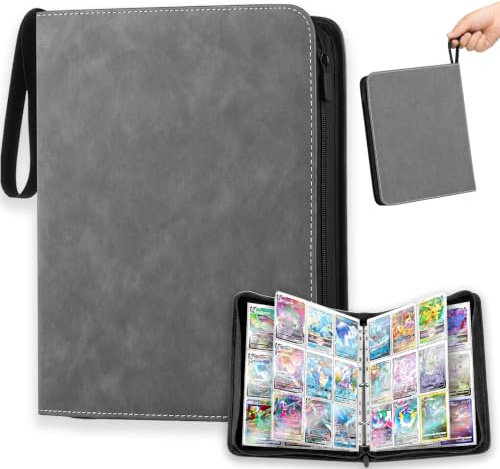 KORVORIA Album para Cartas Coleccionables, Carpeta TCG 9 Bolsillos Gris | Capacidad 900 Cartas, Archivador Portátil PU Gris Impermeable con Cremallera, Para Cartas de Juegos, Fútbol y Photocards