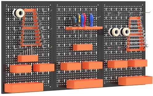 HOMCOM Organizador de Herramientas de Pared 120x60 cm Negro y Naranja | 33 Piezas, Paneles de Herramientas de Pared, Ganchos, Contenedores, Estantes, para Garajes, Cajitas