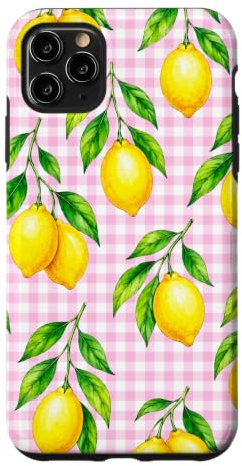 Custodia per iPhone 11 Pro Max Preppy Cute Cottagecore Estetica Mini Gingham Rosa Limone