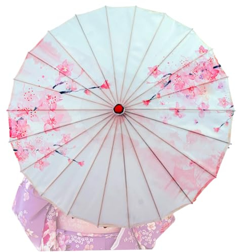 Wedhapy Paraguas de bambú Paraguas japonés Flor de melocotón de cerezo Papel engrasado clásico para mujeres Arte chino Seda Sombrilla de bambú asiática tradicional 32 pulgadas
