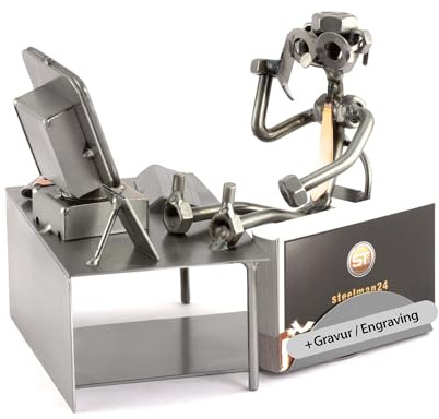 Steelman24 I Omini di Viti Pausa al PC con Portabiglietti da Visita con Piastra di Incisione Personale I Idee Regalo I Soprammobili in Metallo