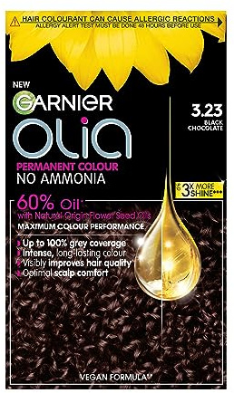 Garnier Olia 3.23 Black Chocolate, oil-powered, no-ammonia. 100% grey coverage. Luminous, long-lasting, vibrant black chocolate hair color with incredible shine.