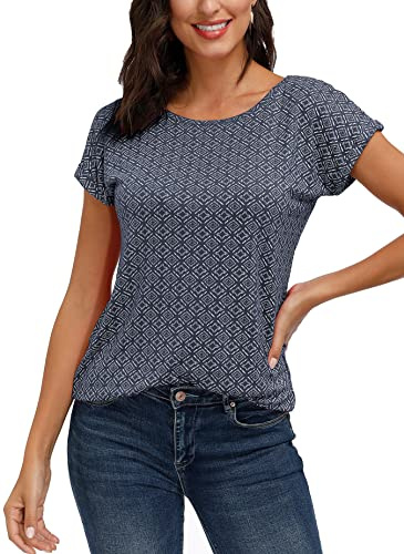 TrendiMax Damen T-Shirt Kurzarm Sommer Shirt mit Allover-Minimal Print Stretch Oberteile Bluse Tops Basic Tee, Blau, M