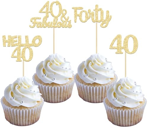 Gyufise 24Pcs Gold Glitter 40th Birthday Cupcake Toppers Hello 40 Forty Cake Decorations 40 & Fabulous Cupcake Picks for 40th Birthday Cake Decorations Supplies